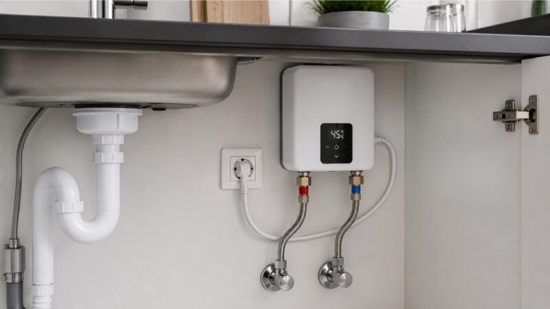 Instalacija malog bojlera ispod kuhinjske sudopere sa pravilno povezanim cevima za dovod i odvod vode